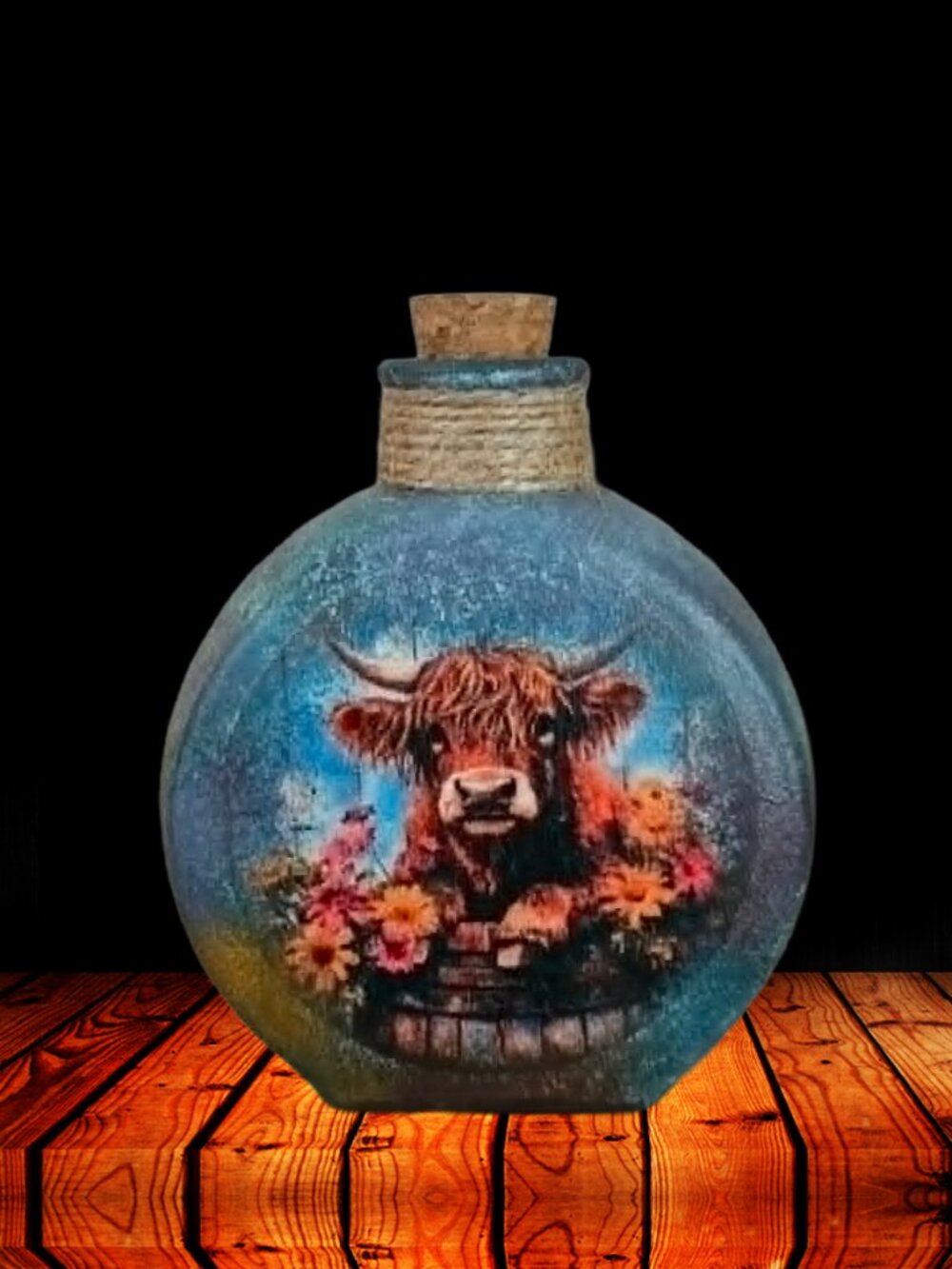 Hand-Painted Highland Cow Floral Decoupage Decor | Rustic Farmhouse Table Accent